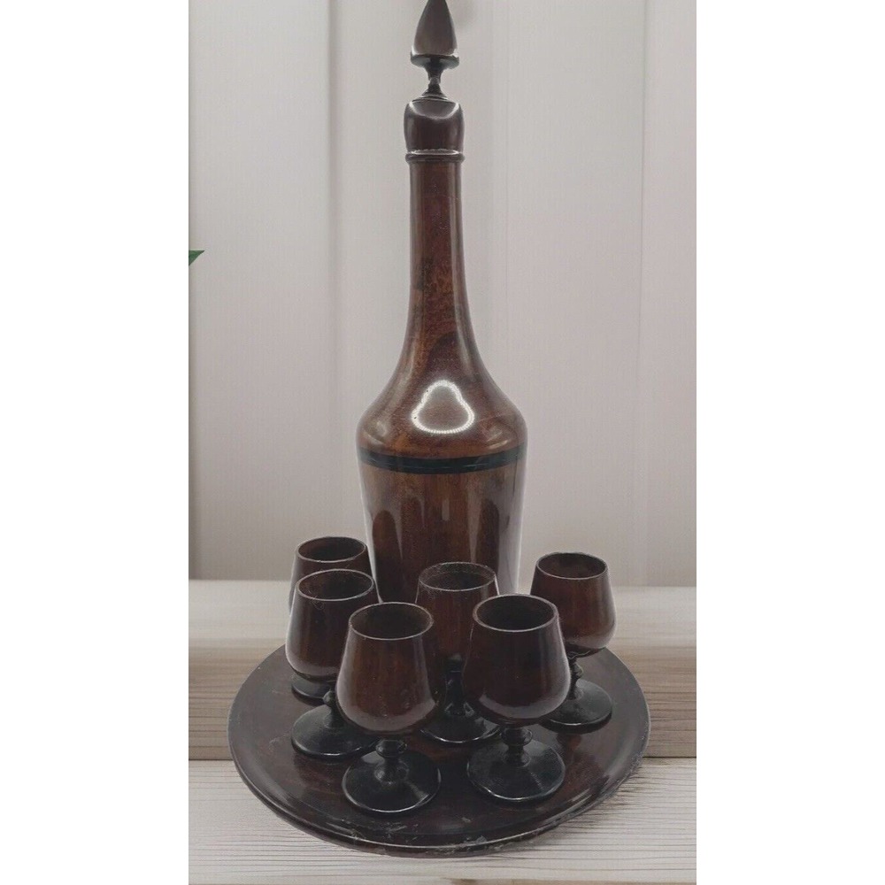 Vtg Wood Turned Saki Decanter Set With 6 Goblet Shot Cups Tray‎ Home Decor MCM